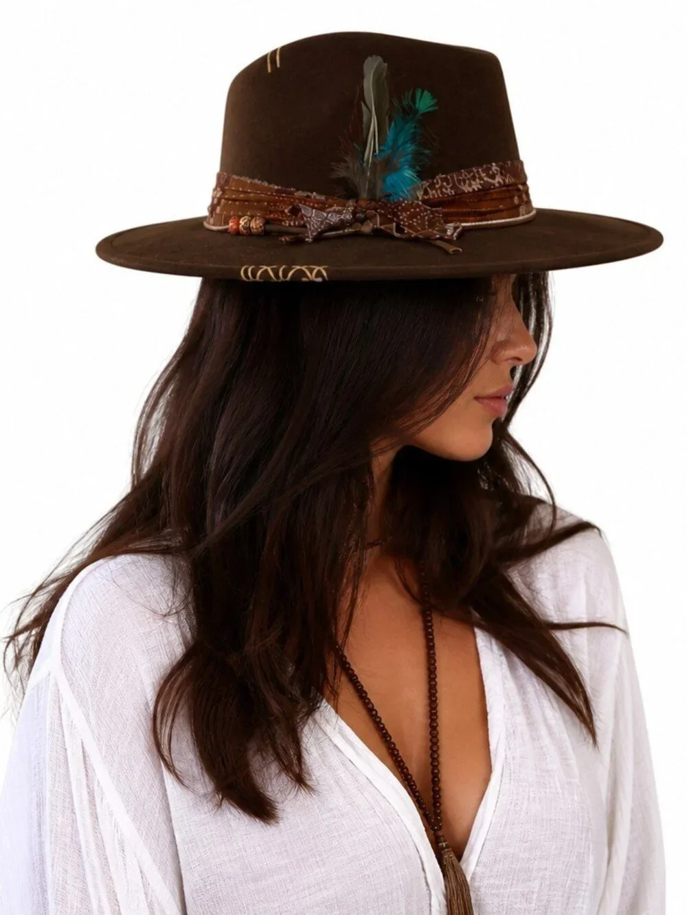 Dark Brown Wide Brim Fedora Hat with Patterned Feathered Band NWT